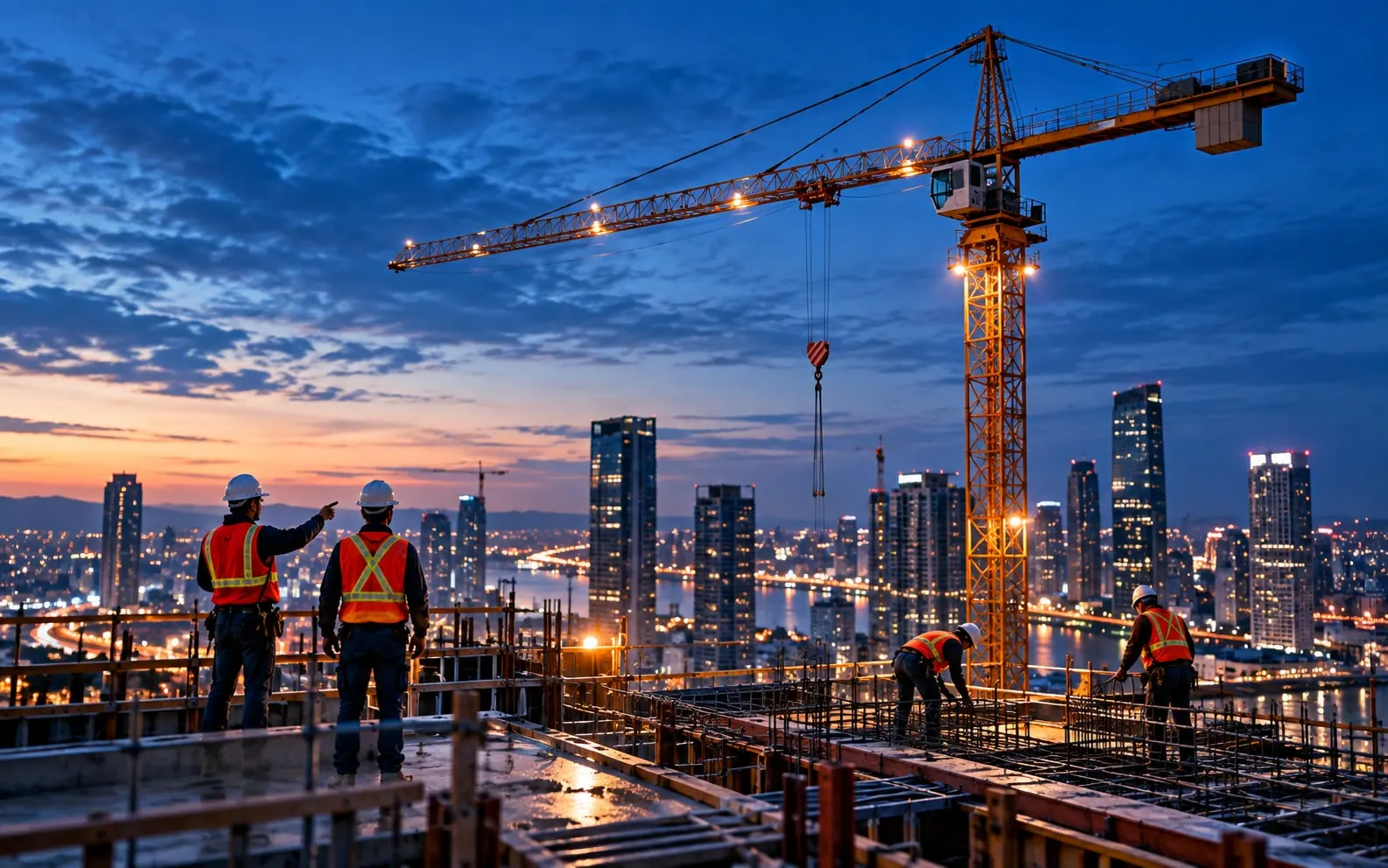 Site engineers in safety vests on a high-rise construction deck at dusk beside a tower crane