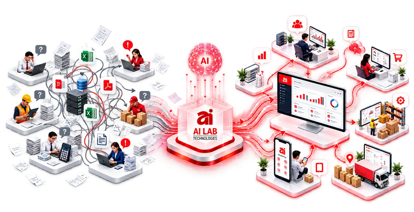 Illustration: scattered spreadsheets, paperwork and disconnected tools flow into the AI LAB Technologies platform and come out as connected ERP dashboards for HR, sales, inventory, warehouse and logistics teams